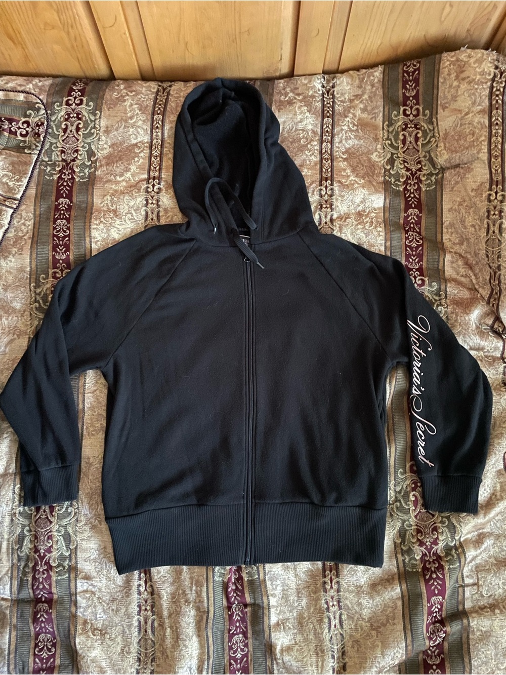 Victoria's Secret Black Full-Zip Hoodie with Script Sleeve